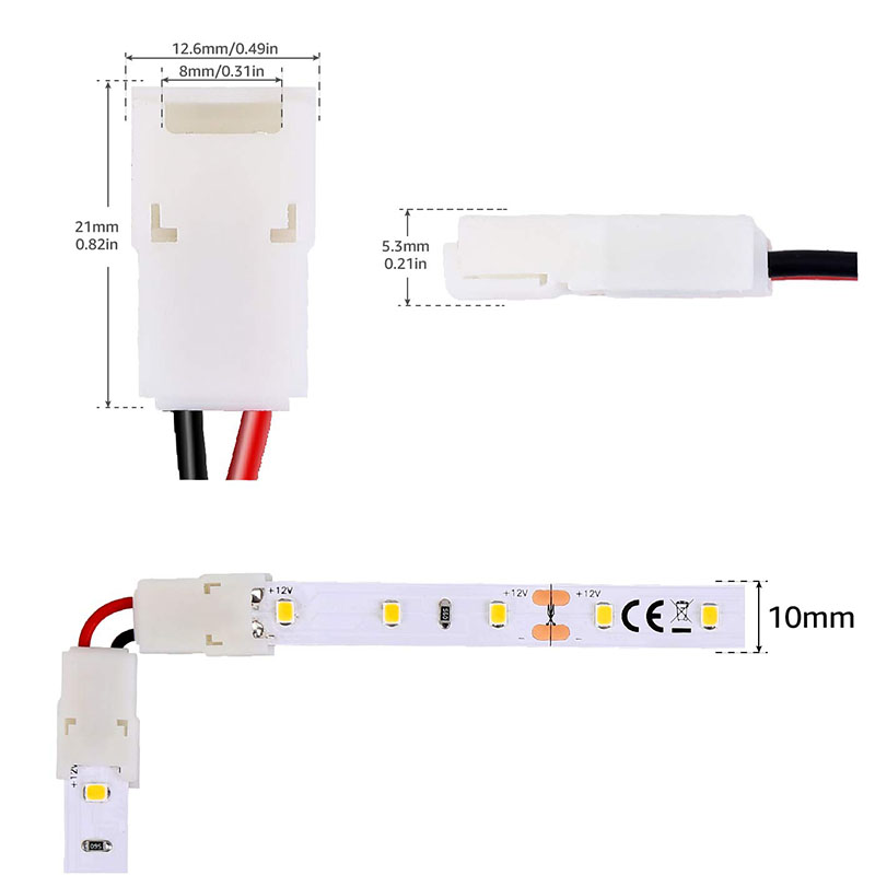 2 Pin L Shape Solderless LED Connector Clips, Max Amp 5A, 90° Connection of 10mm Width Single Color LED Strip Light